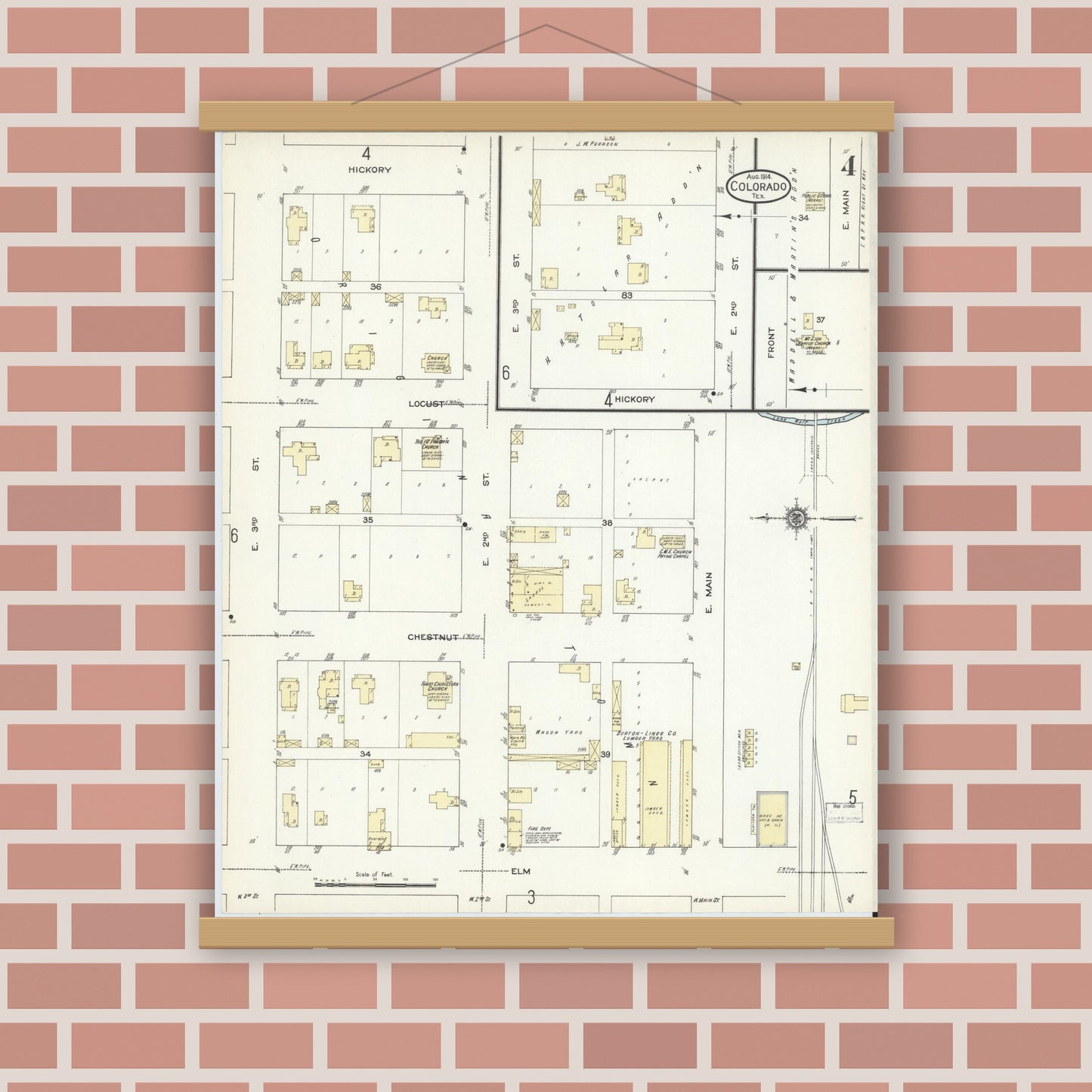 Old map wall art mockup — magnetic wood frame on brick wall — Sanborn Fire Insurance Map from Colorado, Mitchell County, Texas (1914), Sheet #0004