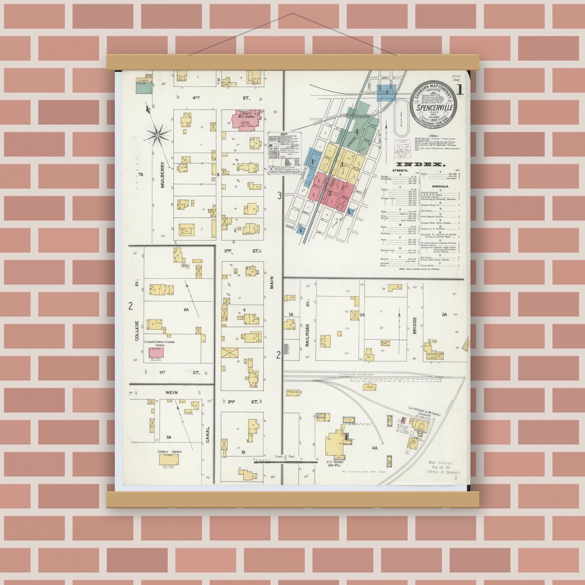 Old map wall art mockup — magnetic wood frame on brick wall — Sanborn Fire Insurance Map from Spencerville, Allen County, Ohio (1902), Sheet #0001