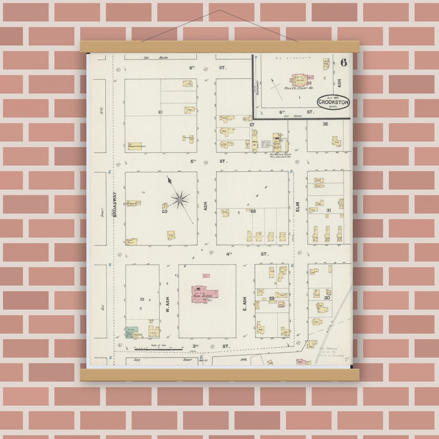 Old map wall art mockup — magnetic wood frame on brick wall — Sanborn Fire Insurance Map from Crookston, Polk County, Minnesota (1890), Sheet #0006