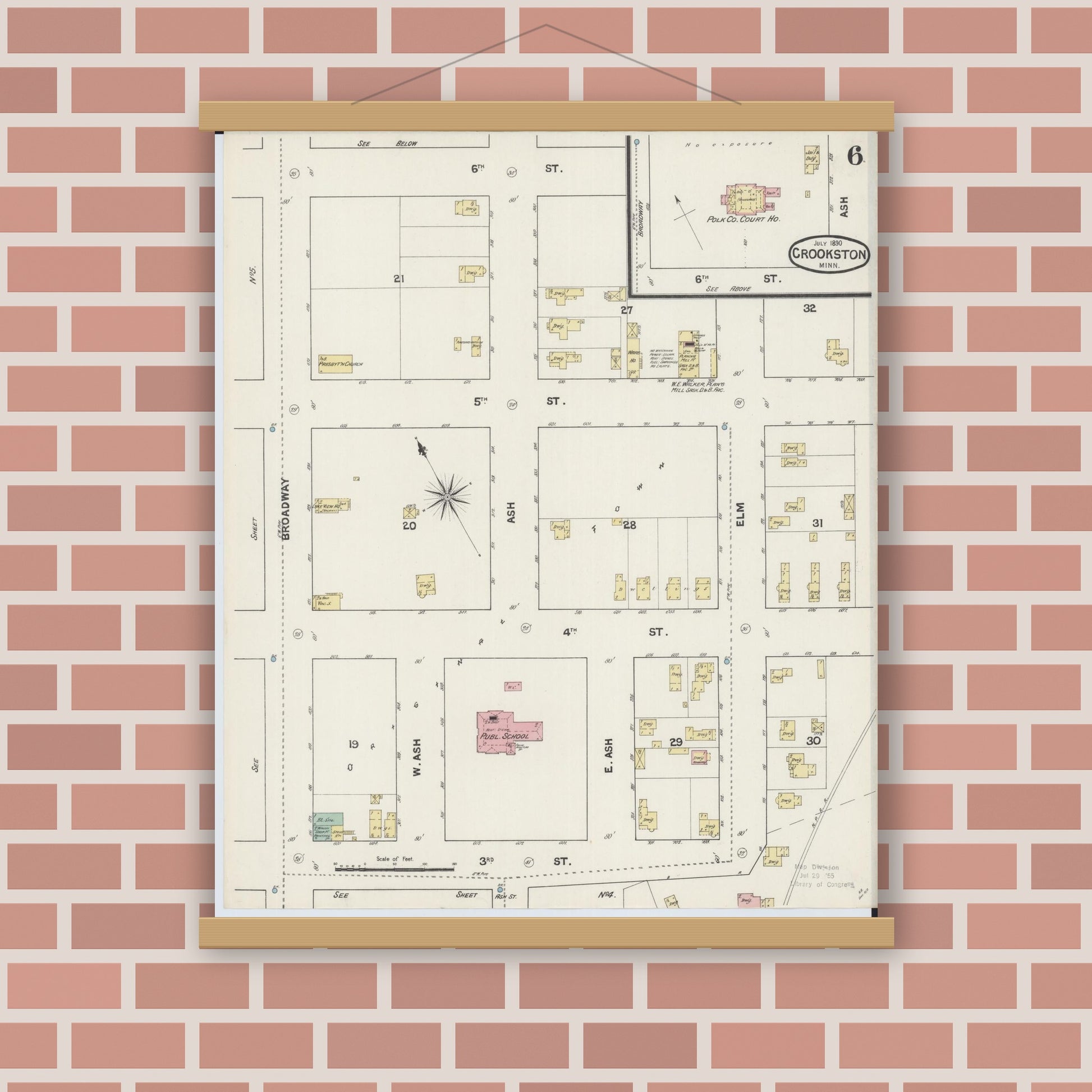 Old map wall art mockup — magnetic wood frame on brick wall — Sanborn Fire Insurance Map from Crookston, Polk County, Minnesota (1890), Sheet #0006