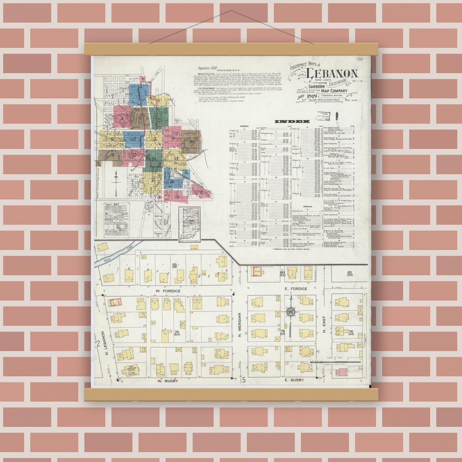 Old map wall art mockup — magnetic wood frame on brick wall — Sanborn Fire Insurance Map from Lebanon, Boone County, Indiana (1919) - Complete Map Set