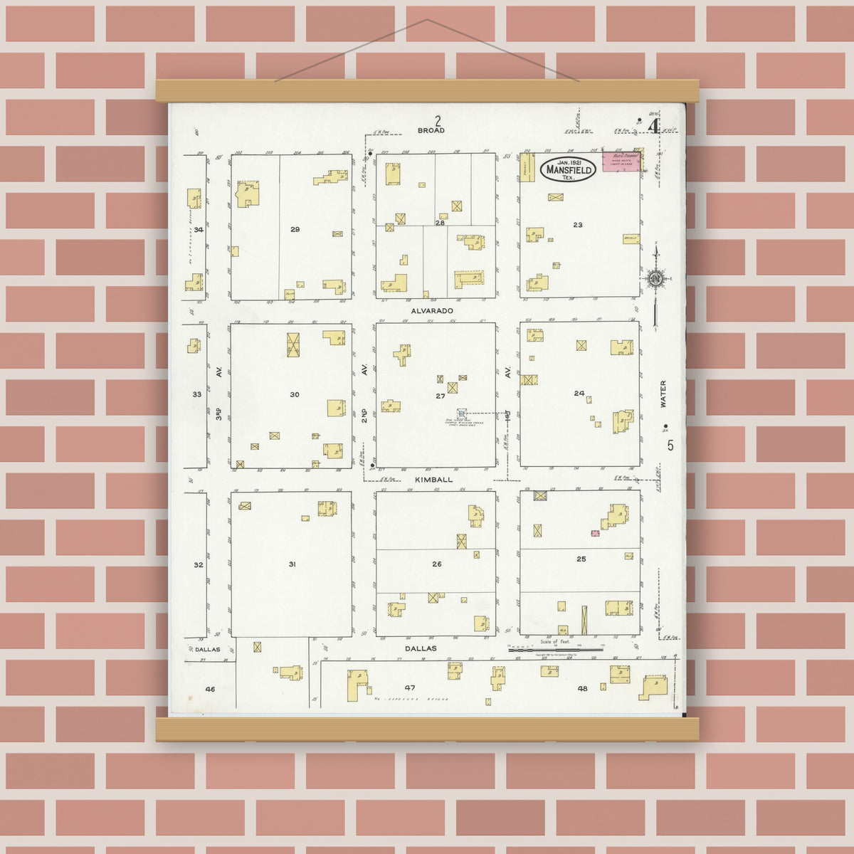 Old map wall art mockup — magnetic wood frame on brick wall — Sanborn Fire Insurance Map from Mansfield, Tarrant County, Texas (1921), Sheet #0004