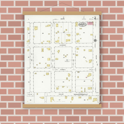 Old map wall art mockup — magnetic wood frame on brick wall — Sanborn Fire Insurance Map from Mansfield, Tarrant County, Texas (1921), Sheet #0004