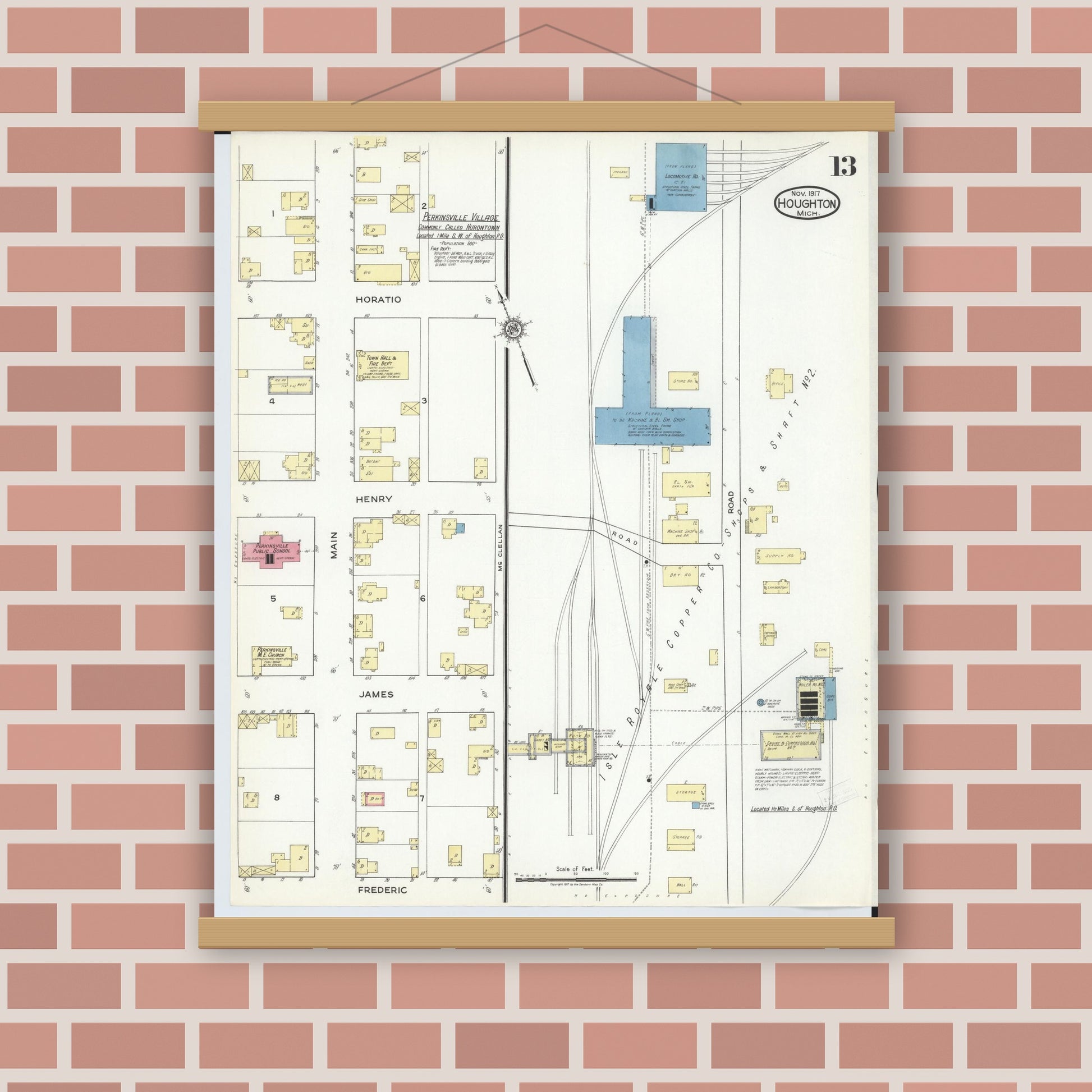 Old map wall art mockup — magnetic wood frame on brick wall — Sanborn Fire Insurance Map from Houghton, Houghton County, Michigan (1917), Sheet #0013