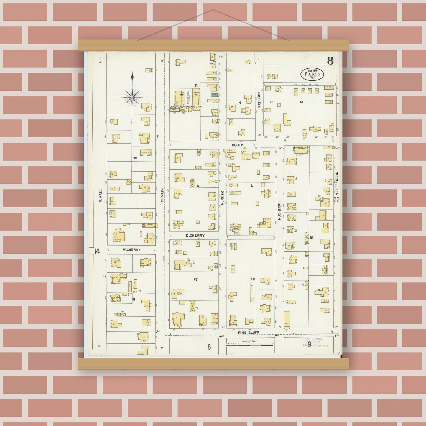 Old map wall art mockup — magnetic wood frame on brick wall — Sanborn Fire Insurance Map from Paris, Lamar County, Texas (1902), Sheet #0008