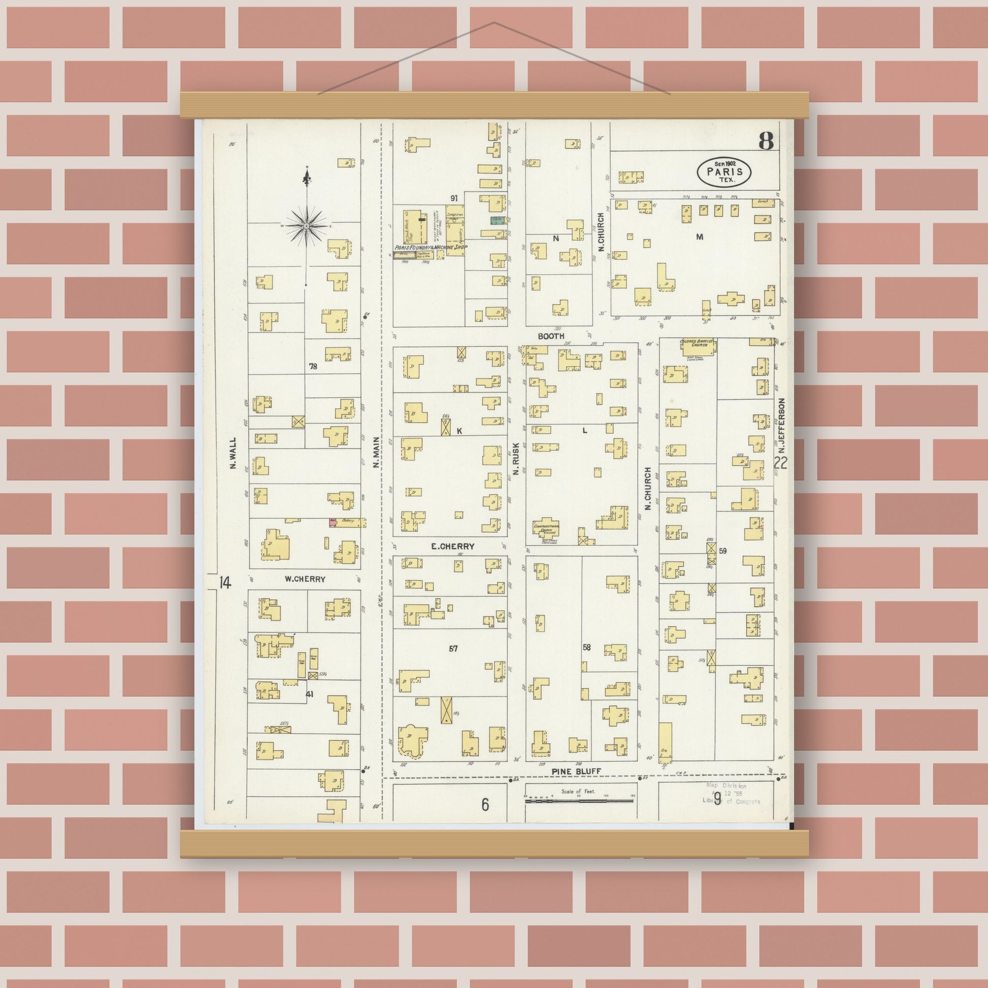 Old map wall art mockup — magnetic wood frame on brick wall — Sanborn Fire Insurance Map from Paris, Lamar County, Texas (1902), Sheet #0008