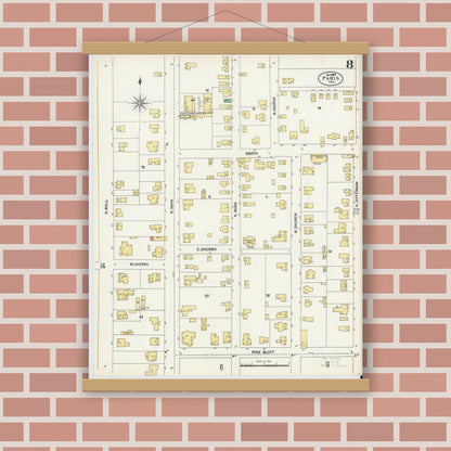 Old map wall art mockup — magnetic wood frame on brick wall — Sanborn Fire Insurance Map from Paris, Lamar County, Texas (1902), Sheet #0008