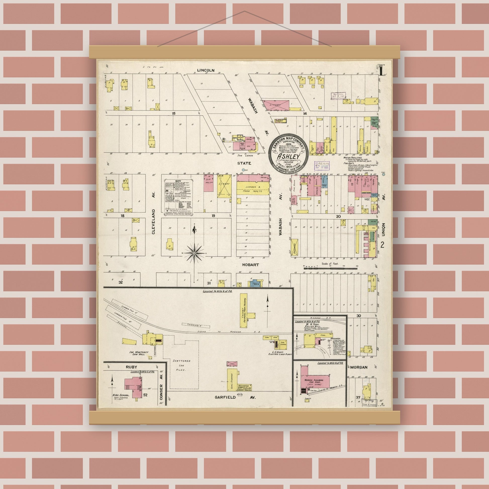 Old map wall art mockup — magnetic wood frame on brick wall — Sanborn Fire Insurance Map from Ashley, Steuben County, Indiana (1909), Sheet #0001