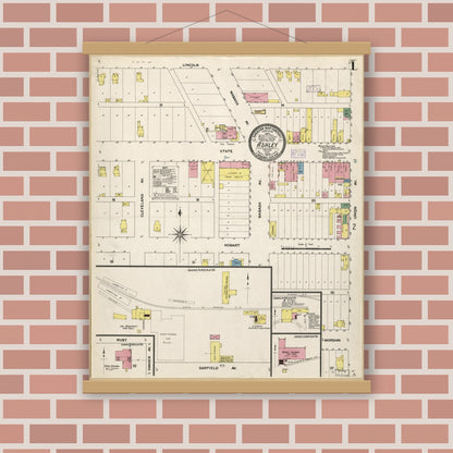 Old map wall art mockup — magnetic wood frame on brick wall — Sanborn Fire Insurance Map from Ashley, Steuben County, Indiana (1909), Sheet #0001