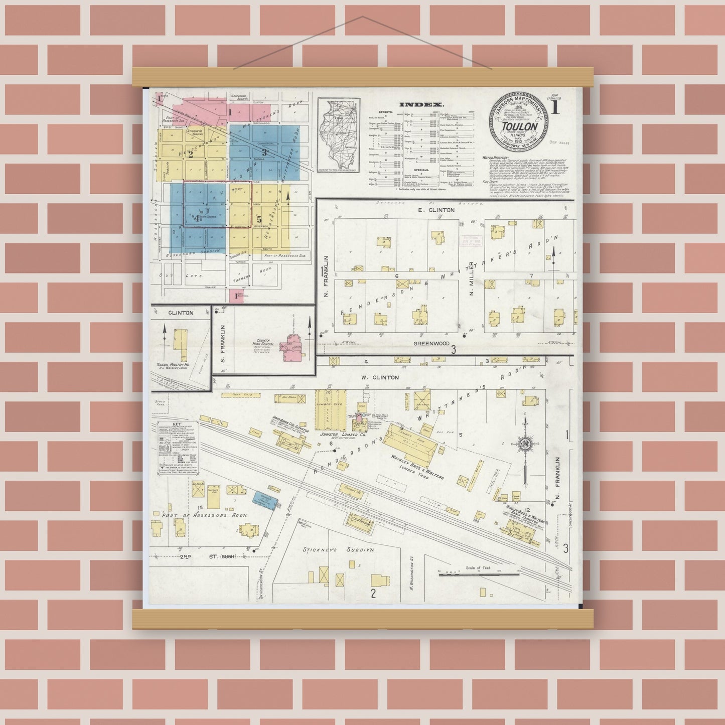 Old map wall art mockup — magnetic wood frame on brick wall — Sanborn Fire Insurance Map from Toulon, Stark County, Illinois (1913) - Complete Map Set