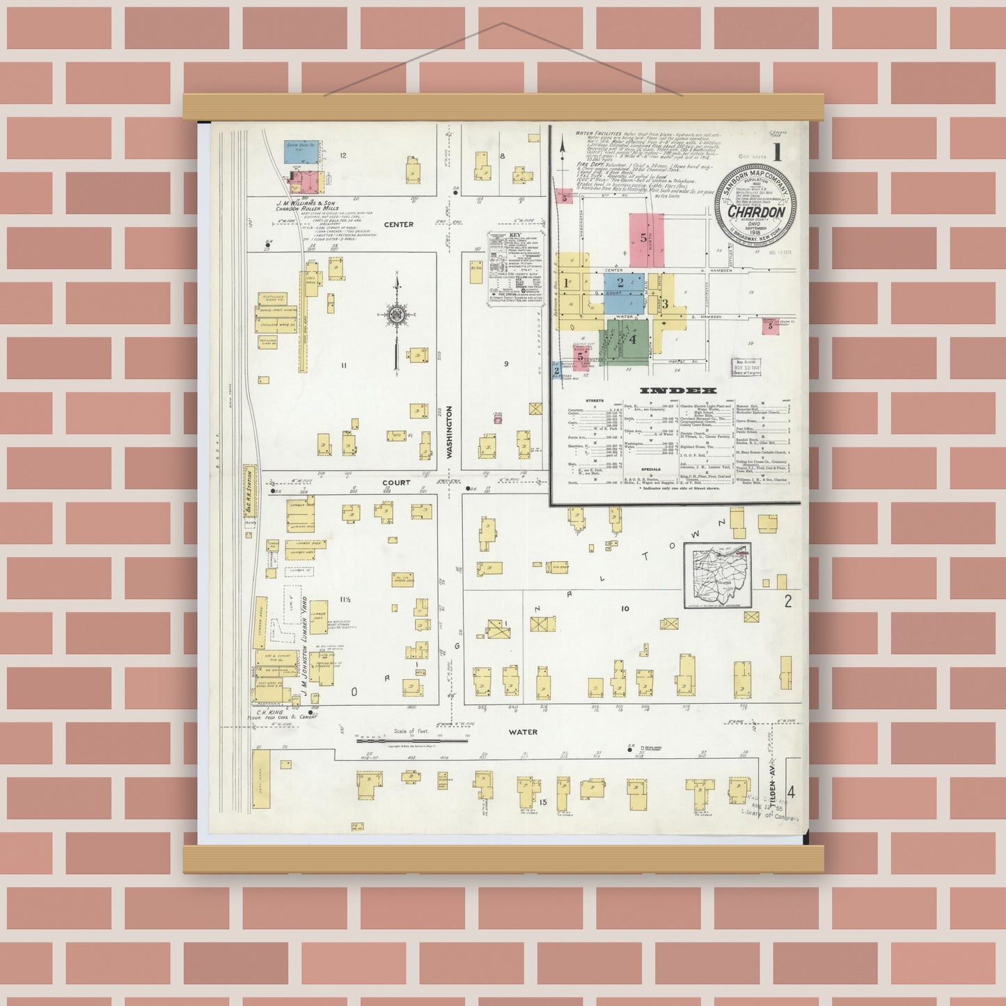 Old map wall art mockup — magnetic wood frame on brick wall — Sanborn Fire Insurance Map from Chardon, Geauga County, Ohio (1918) - Complete Map Set