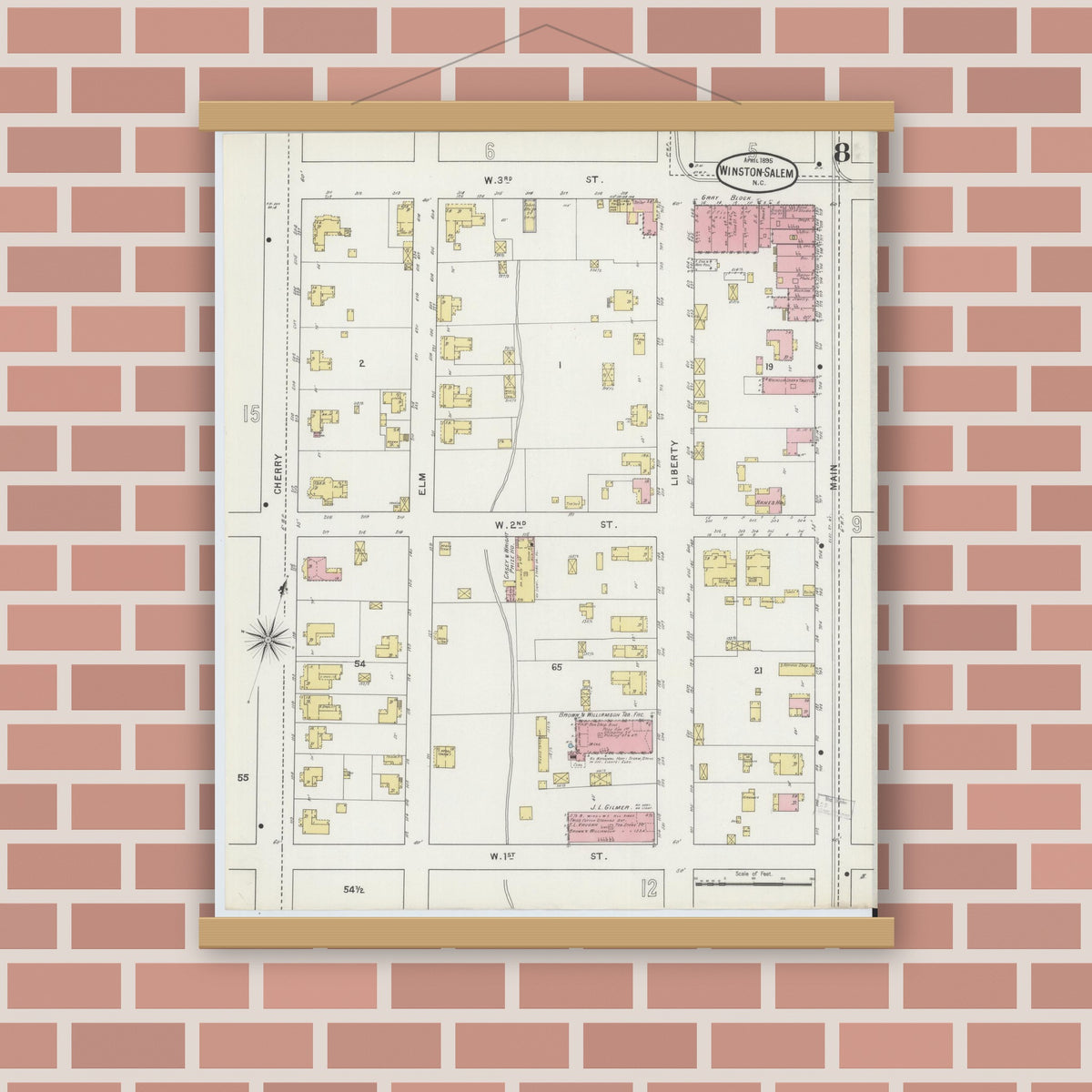 Old map wall art mockup — magnetic wood frame on brick wall — Sanborn Fire Insurance Map from Winston-Salem, Forsyth County, North Carolina (1895), Sheet #0008
