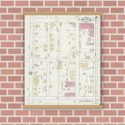 Old map wall art mockup — magnetic wood frame on brick wall — Sanborn Fire Insurance Map from Winston-Salem, Forsyth County, North Carolina (1895), Sheet #0008
