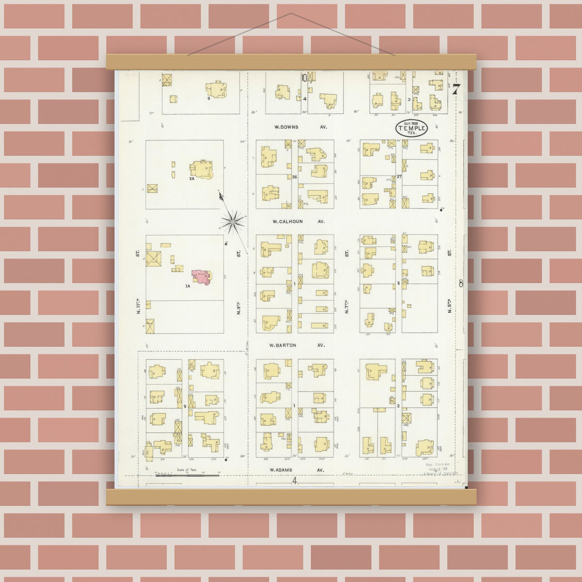 Old map wall art mockup — magnetic wood frame on brick wall — Sanborn Fire Insurance Map from Temple, Bell County, Texas (1905), Sheet #0007