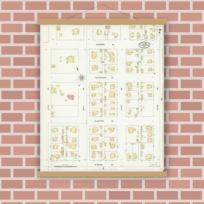 Old map wall art mockup — magnetic wood frame on brick wall — Sanborn Fire Insurance Map from Temple, Bell County, Texas (1905), Sheet #0007