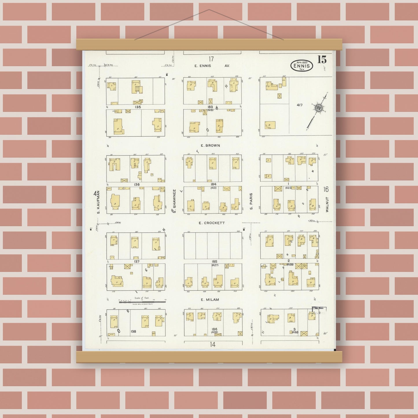 Old map wall art mockup — magnetic wood frame on brick wall — Sanborn Fire Insurance Map from Ennis, Ellis County, Texas (1920), Sheet #0015