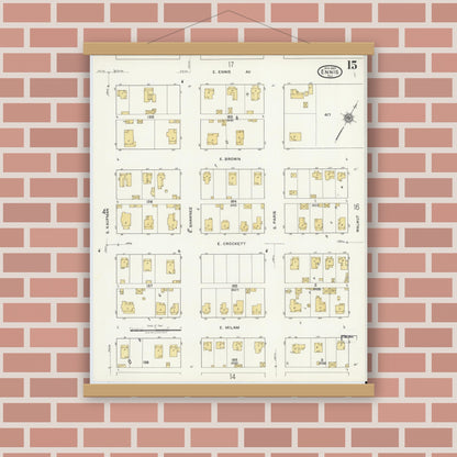 Old map wall art mockup — magnetic wood frame on brick wall — Sanborn Fire Insurance Map from Ennis, Ellis County, Texas (1920), Sheet #0015