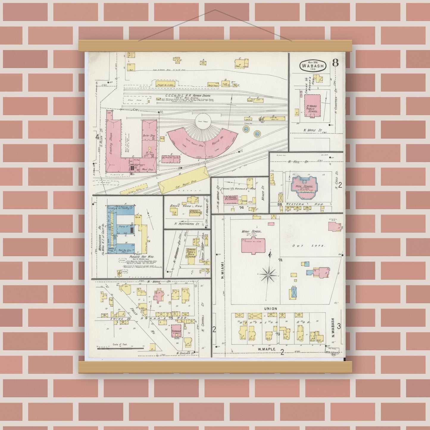Old map wall art mockup — magnetic wood frame on brick wall — Sanborn Fire Insurance Map from Wabash, Wabash County, Indiana (1896), Sheet #0008