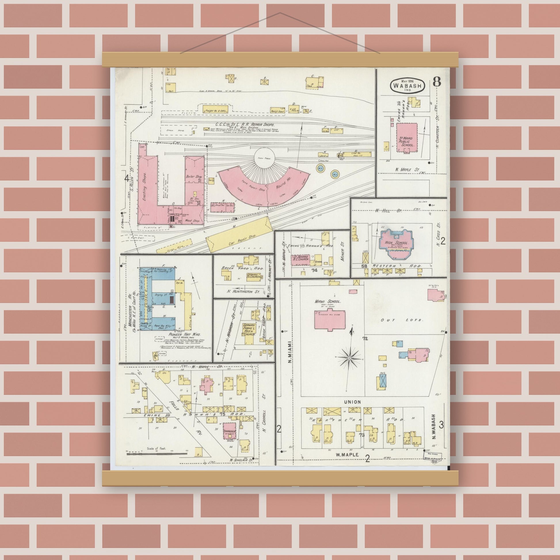 Old map wall art mockup — magnetic wood frame on brick wall — Sanborn Fire Insurance Map from Wabash, Wabash County, Indiana (1896), Sheet #0008