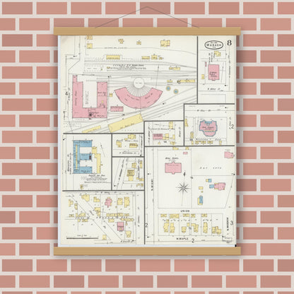 Old map wall art mockup — magnetic wood frame on brick wall — Sanborn Fire Insurance Map from Wabash, Wabash County, Indiana (1896), Sheet #0008