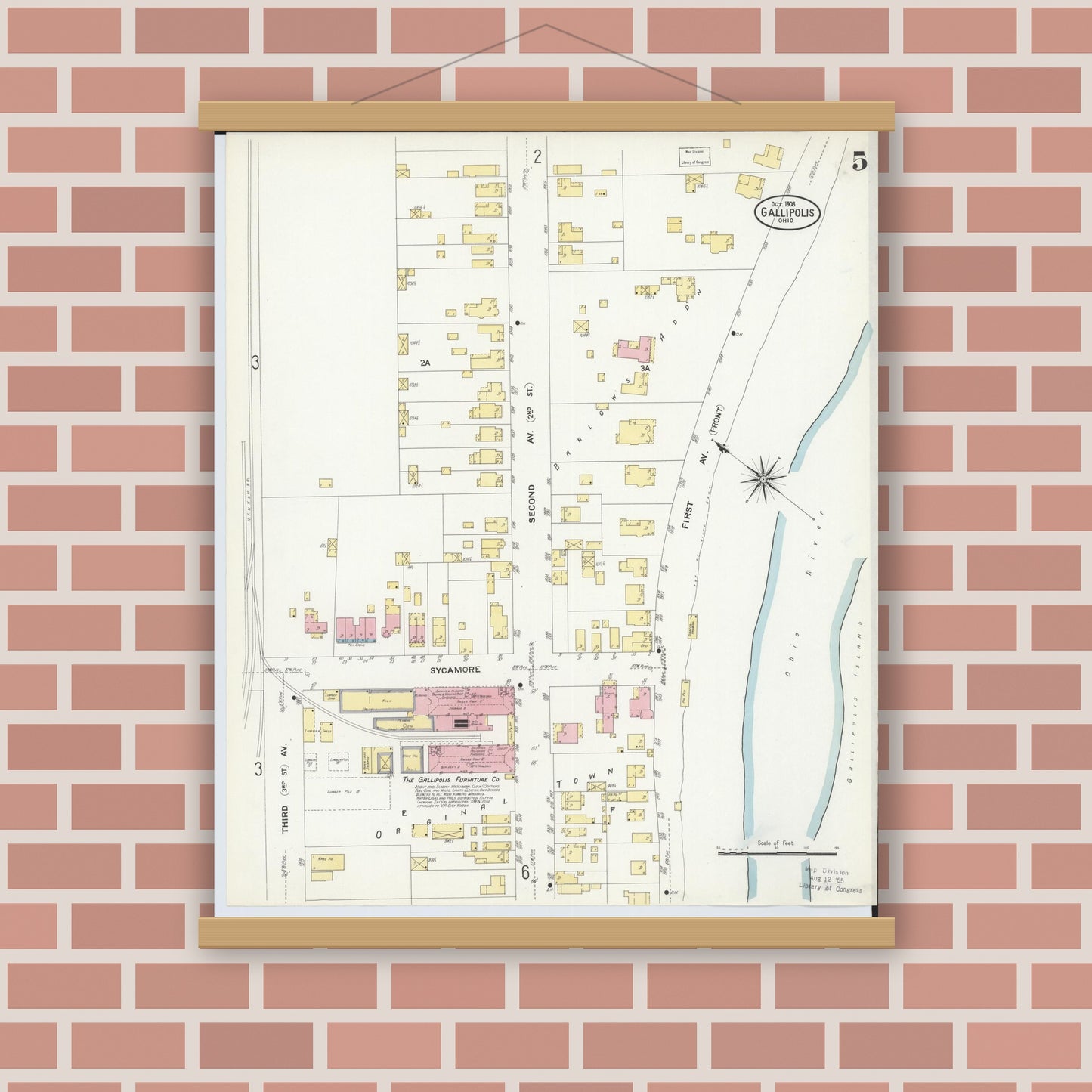 Old map wall art mockup — magnetic wood frame on brick wall — Sanborn Fire Insurance Map from Gallipolis, Gallia County, Ohio (1908), Sheet #0005