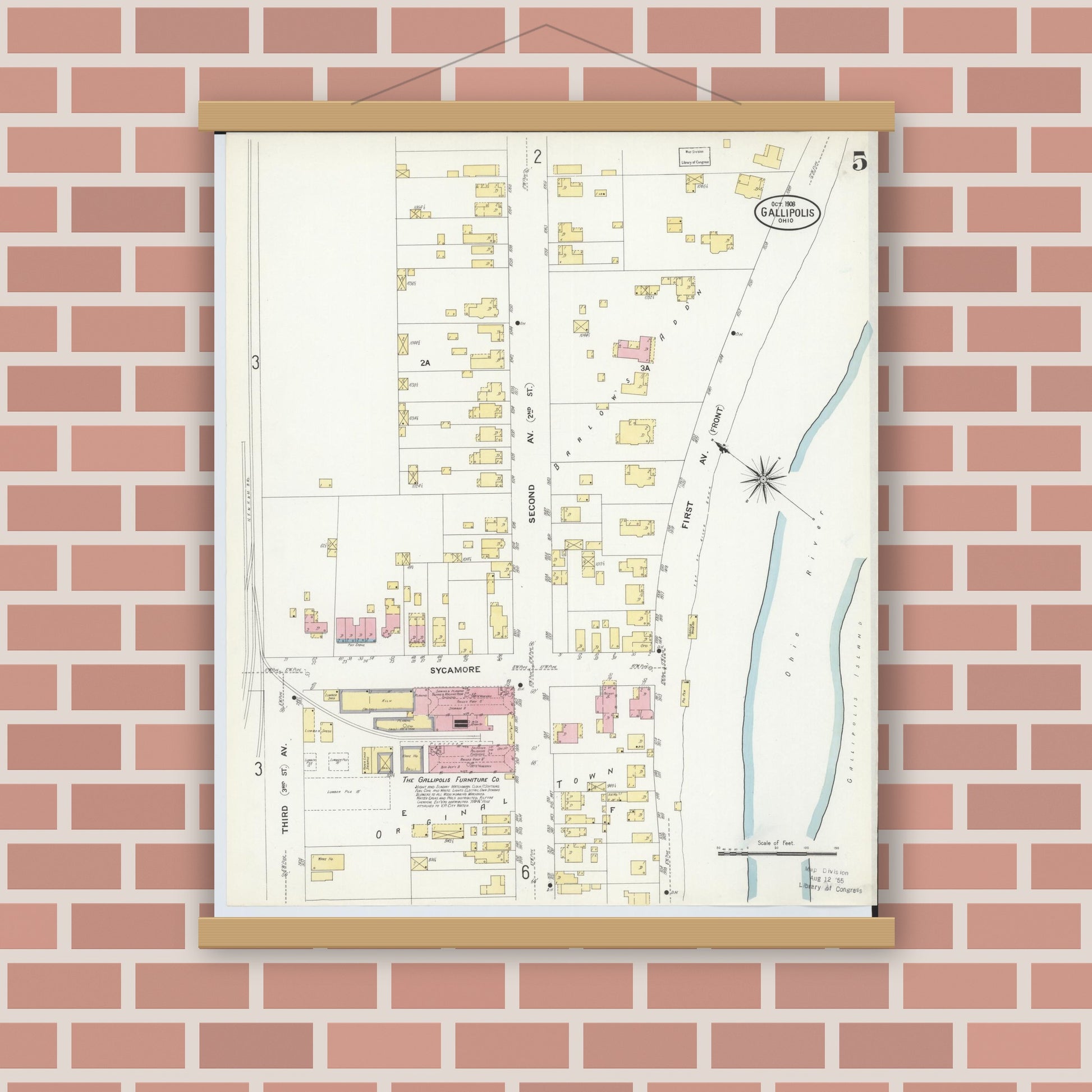 Old map wall art mockup — magnetic wood frame on brick wall — Sanborn Fire Insurance Map from Gallipolis, Gallia County, Ohio (1908), Sheet #0005