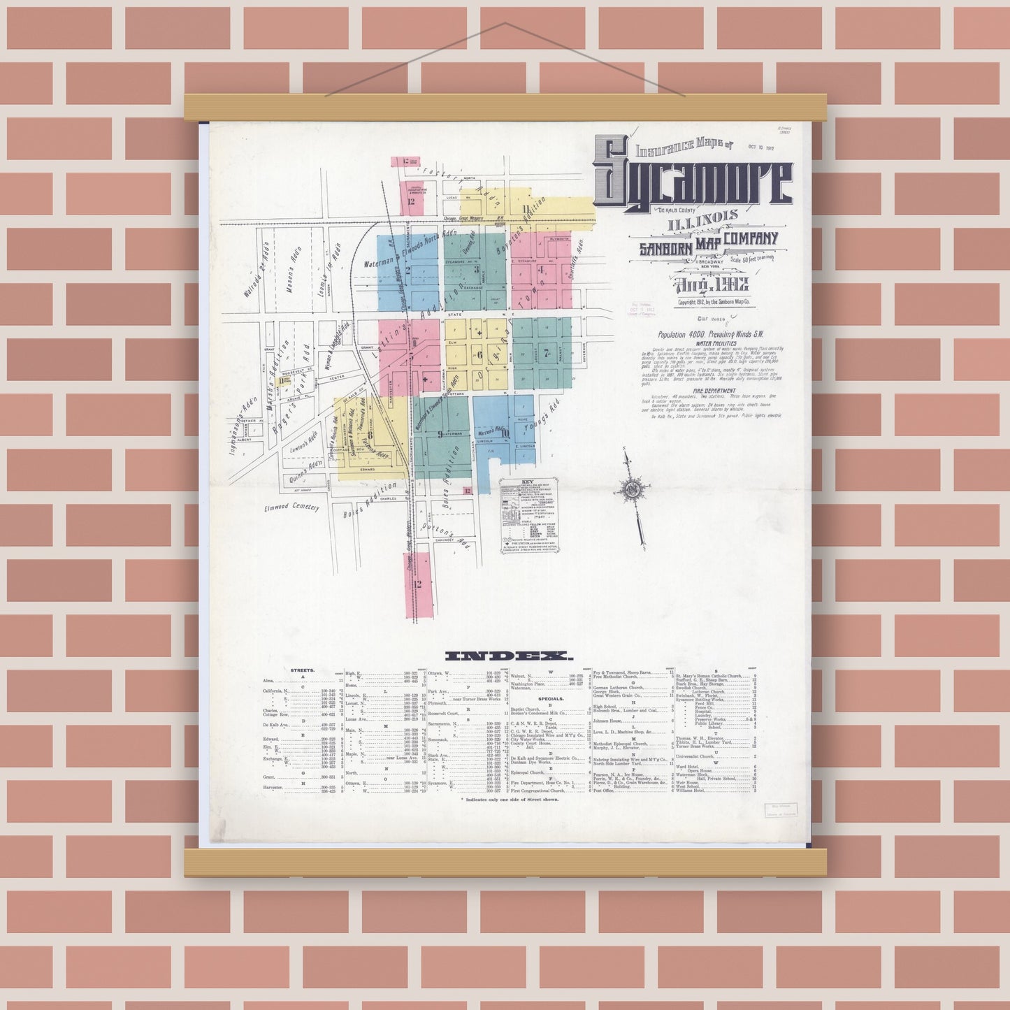 Old map wall art mockup — magnetic wood frame on brick wall — Sanborn Fire Insurance Map from Sycamore, De Kalb County, Illinois (1912), Sheet #0001