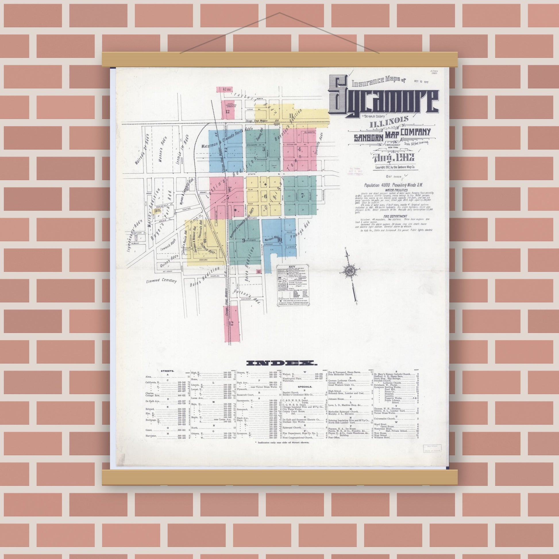 Old map wall art mockup — magnetic wood frame on brick wall — Sanborn Fire Insurance Map from Sycamore, De Kalb County, Illinois (1912), Sheet #0001