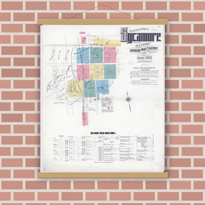 Old map wall art mockup — magnetic wood frame on brick wall — Sanborn Fire Insurance Map from Sycamore, De Kalb County, Illinois (1912), Sheet #0001