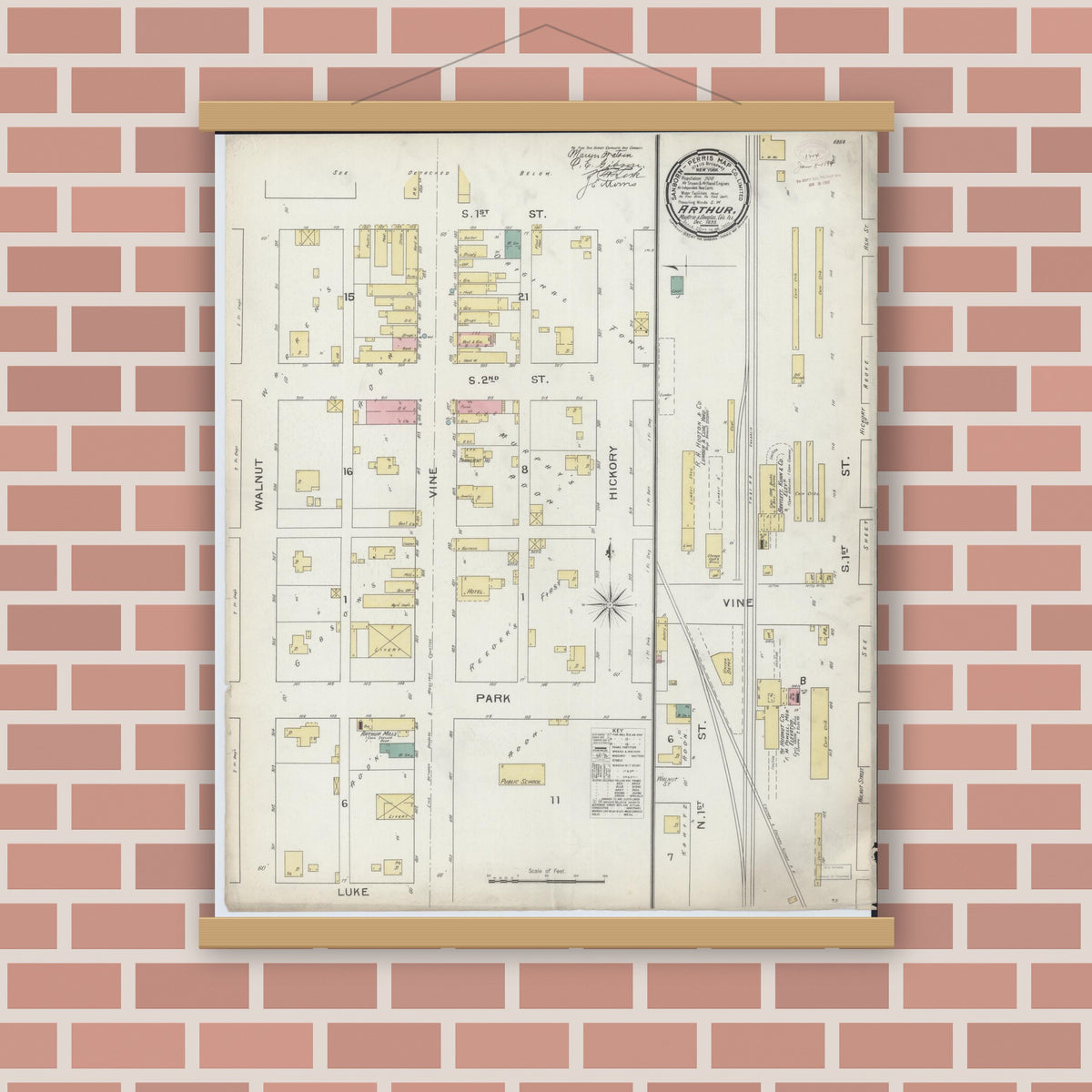 Old map wall art mockup — magnetic wood frame on brick wall — Sanborn Fire Insurance Map from Arthur, Moultrie And Douglas Counties, Illinois (1893), Sheet #0001