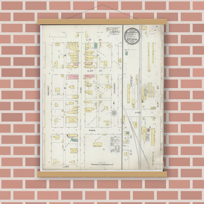 Old map wall art mockup — magnetic wood frame on brick wall — Sanborn Fire Insurance Map from Arthur, Moultrie And Douglas Counties, Illinois (1893), Sheet #0001