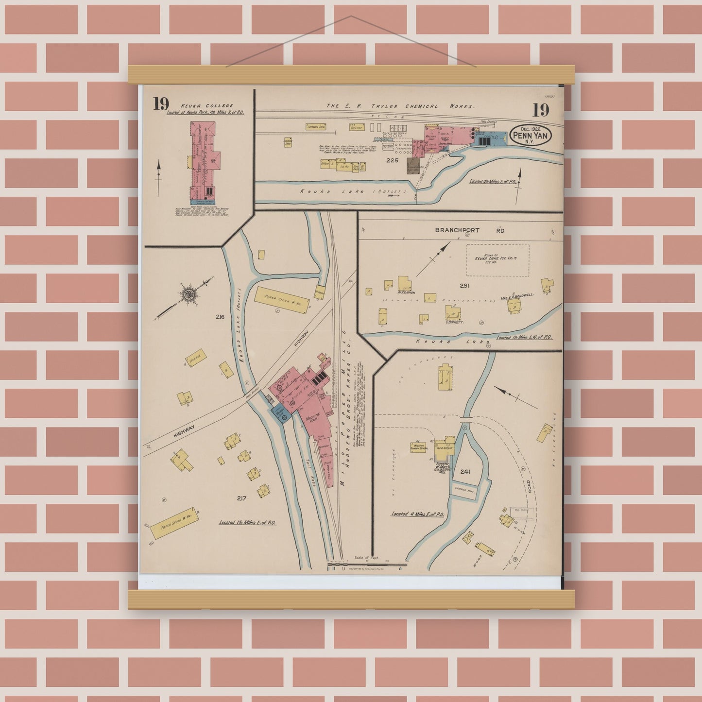 Old map wall art mockup — magnetic wood frame on brick wall — Sanborn Fire Insurance Map from Penn Yan, Yates County, New York (1922), Sheet #0019