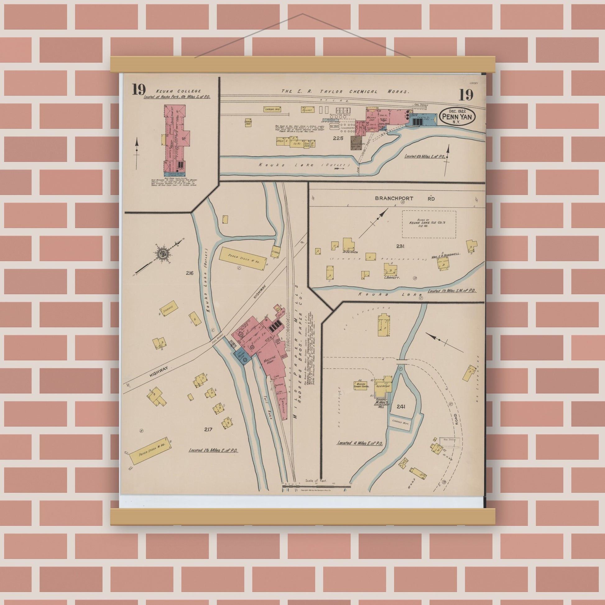 Old map wall art mockup — magnetic wood frame on brick wall — Sanborn Fire Insurance Map from Penn Yan, Yates County, New York (1922), Sheet #0019