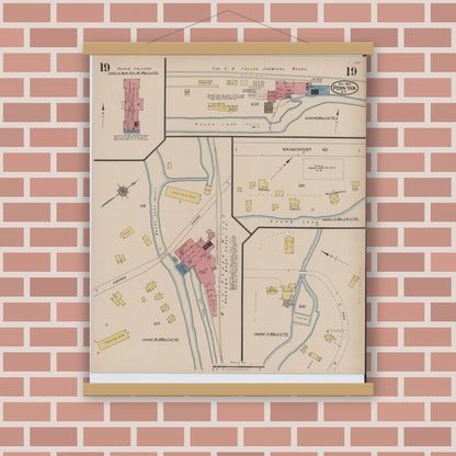 Old map wall art mockup — magnetic wood frame on brick wall — Sanborn Fire Insurance Map from Penn Yan, Yates County, New York (1922), Sheet #0019