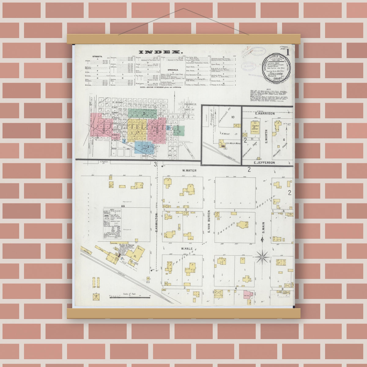 Old map wall art mockup — magnetic wood frame on brick wall — Sanborn Fire Insurance Map from Sullivan, Moultrie County, Illinois (1898), Sheet #0001