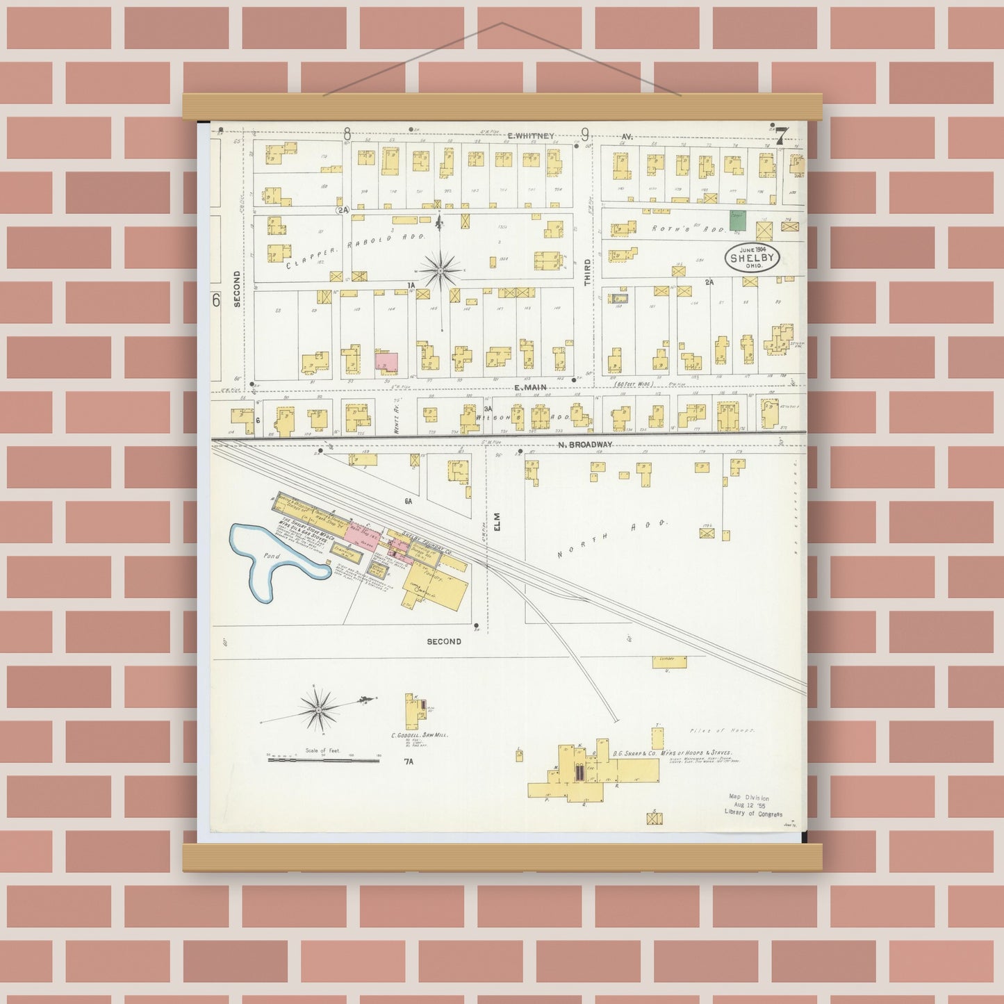 Old map wall art mockup — magnetic wood frame on brick wall — Sanborn Fire Insurance Map from Shelby, Richland County, Ohio (1904), Sheet #0007