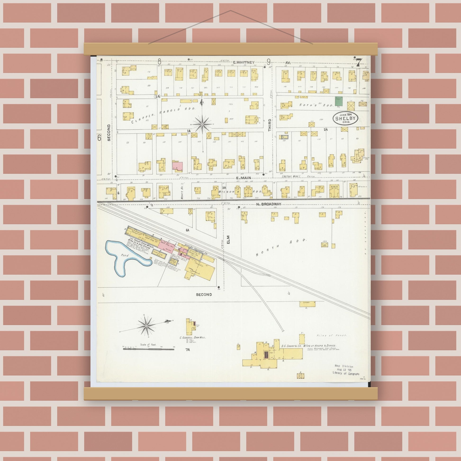 Old map wall art mockup — magnetic wood frame on brick wall — Sanborn Fire Insurance Map from Shelby, Richland County, Ohio (1904), Sheet #0007