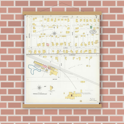 Old map wall art mockup — magnetic wood frame on brick wall — Sanborn Fire Insurance Map from Shelby, Richland County, Ohio (1904), Sheet #0007