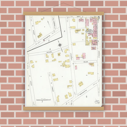 Old map wall art mockup — magnetic wood frame on brick wall — Sanborn Fire Insurance Map from Amherst, Hampshire County, Massachusetts (1910), Sheet #0003
