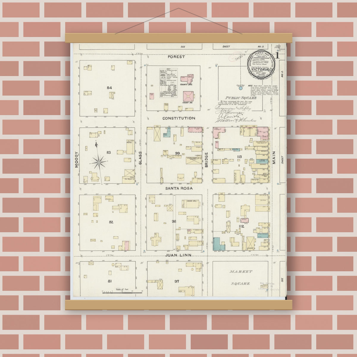 Old map wall art mockup — magnetic wood frame on brick wall — Sanborn Fire Insurance Map from Victoria, Victoria County, Texas (1891), Sheet #0001