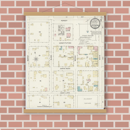 Old map wall art mockup — magnetic wood frame on brick wall — Sanborn Fire Insurance Map from Victoria, Victoria County, Texas (1891), Sheet #0001