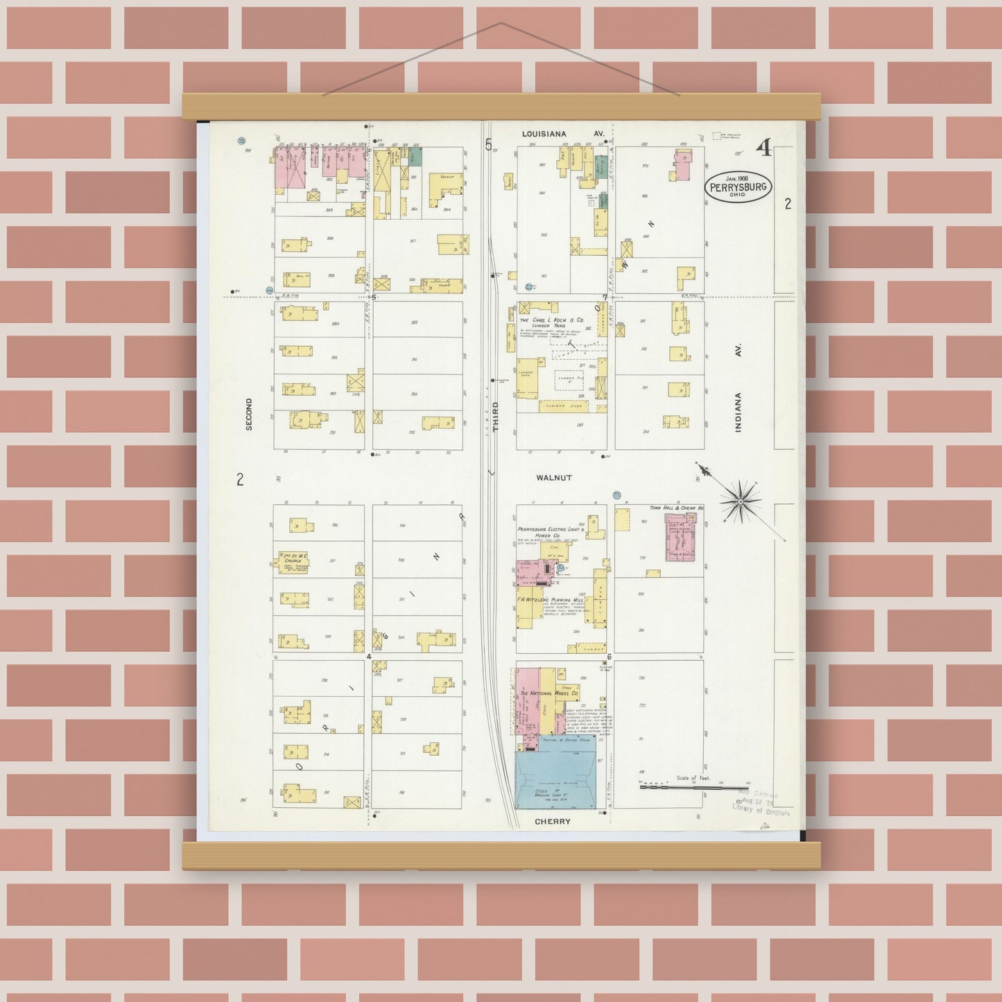 Old map wall art mockup — magnetic wood frame on brick wall — Sanborn Fire Insurance Map from Perrysburg, Wood County, Ohio (1908), Sheet #0004