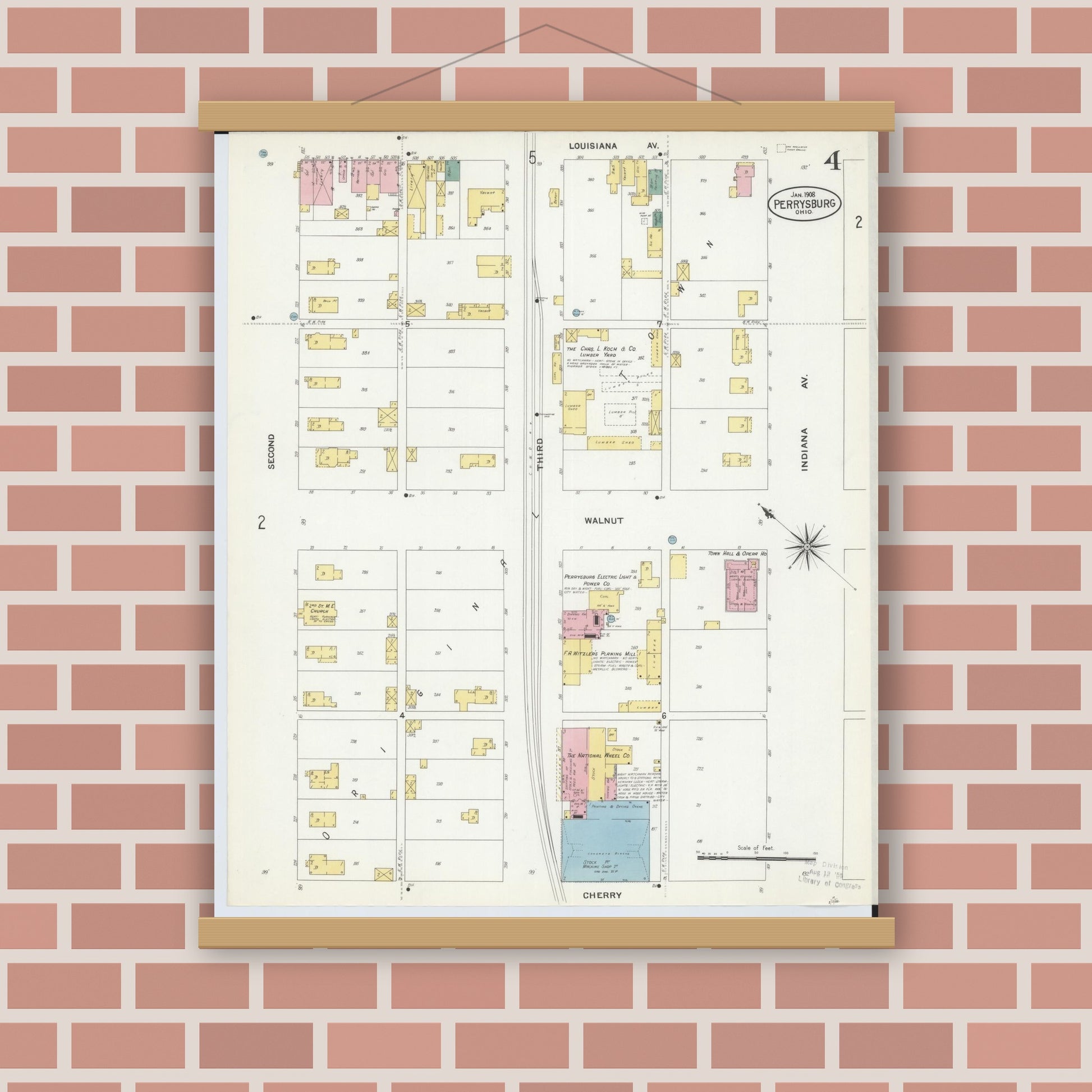 Old map wall art mockup — magnetic wood frame on brick wall — Sanborn Fire Insurance Map from Perrysburg, Wood County, Ohio (1908), Sheet #0004