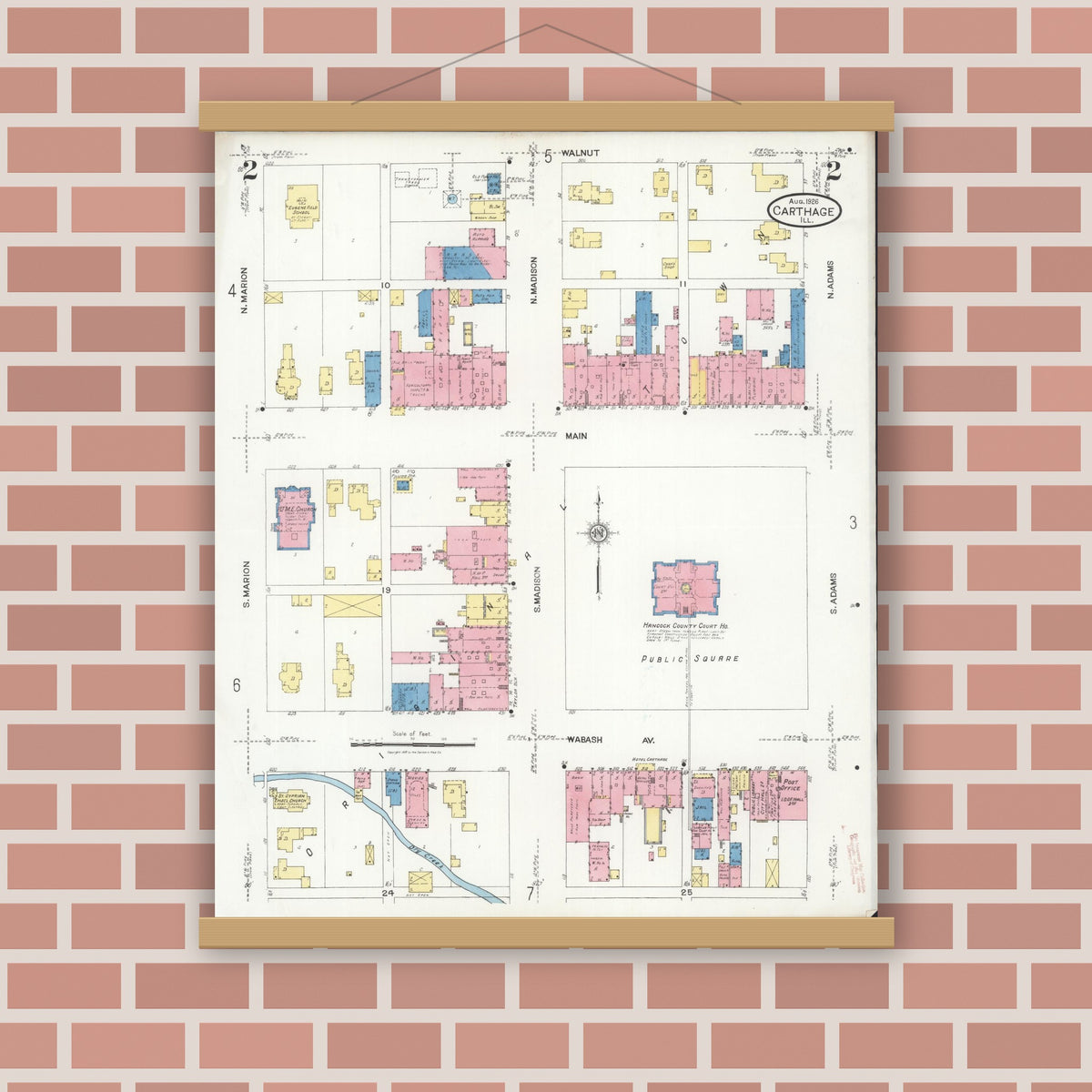 Old map wall art mockup — magnetic wood frame on brick wall — Sanborn Fire Insurance Map from Carthage, Hancock County, Illinois (1926), Sheet #0002