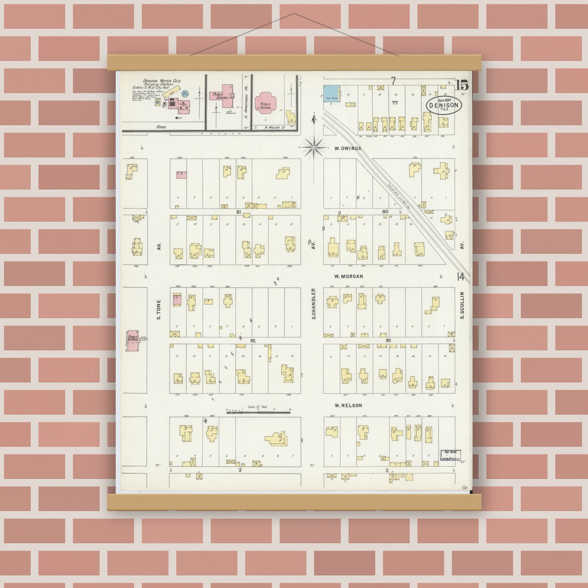 Old map wall art mockup — magnetic wood frame on brick wall — Sanborn Fire Insurance Map from Denison, Grayson County, Texas (1897), Sheet #0015
