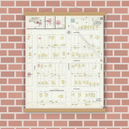 Old map wall art mockup — magnetic wood frame on brick wall — Sanborn Fire Insurance Map from Denison, Grayson County, Texas (1897), Sheet #0015