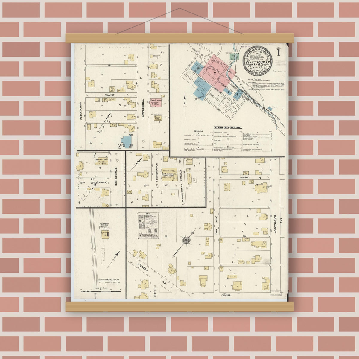 Old map wall art mockup — magnetic wood frame on brick wall — Sanborn Fire Insurance Map from Ellettsville, Monroe County, Indiana (1910), Sheet #0001