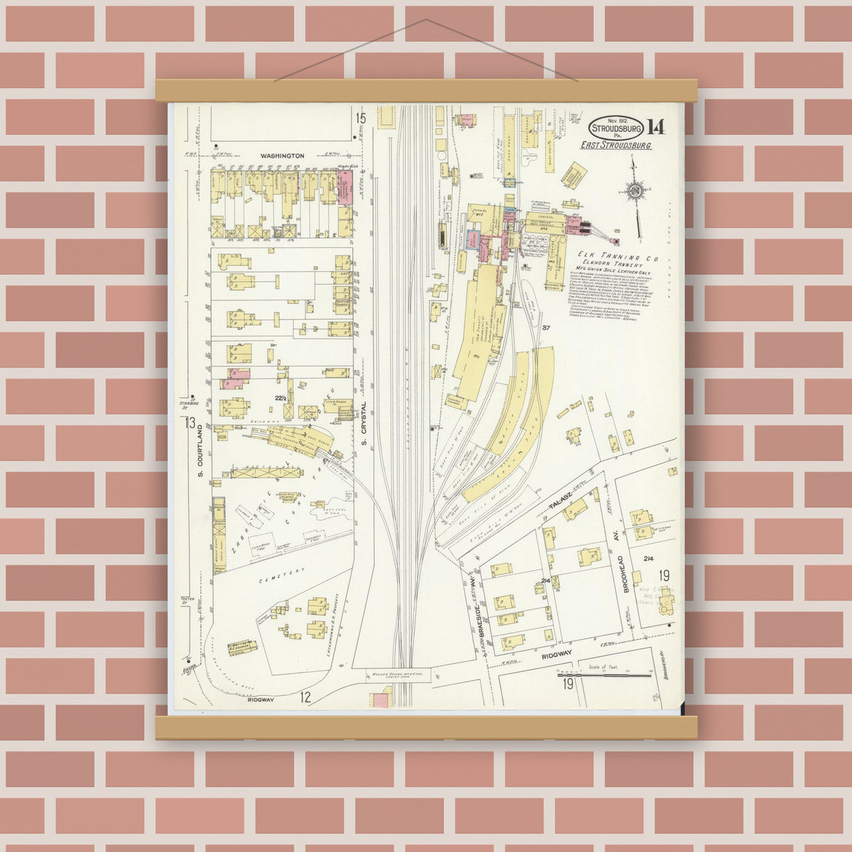Old map wall art mockup — magnetic wood frame on brick wall — Sanborn Fire Insurance Map from Stroudsburg, Monroe County, Pennsylvania (1912), Sheet #0014