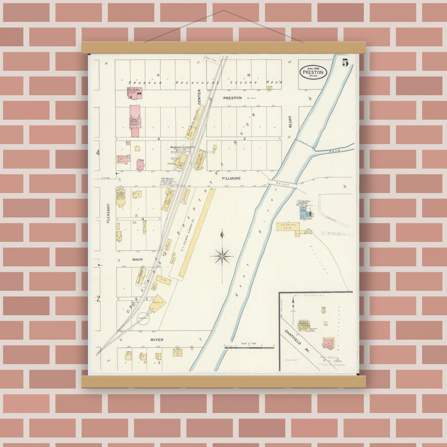 Old map wall art mockup — magnetic wood frame on brick wall — Sanborn Fire Insurance Map from Preston, Fillmore County, Minnesota (1909), Sheet #0005