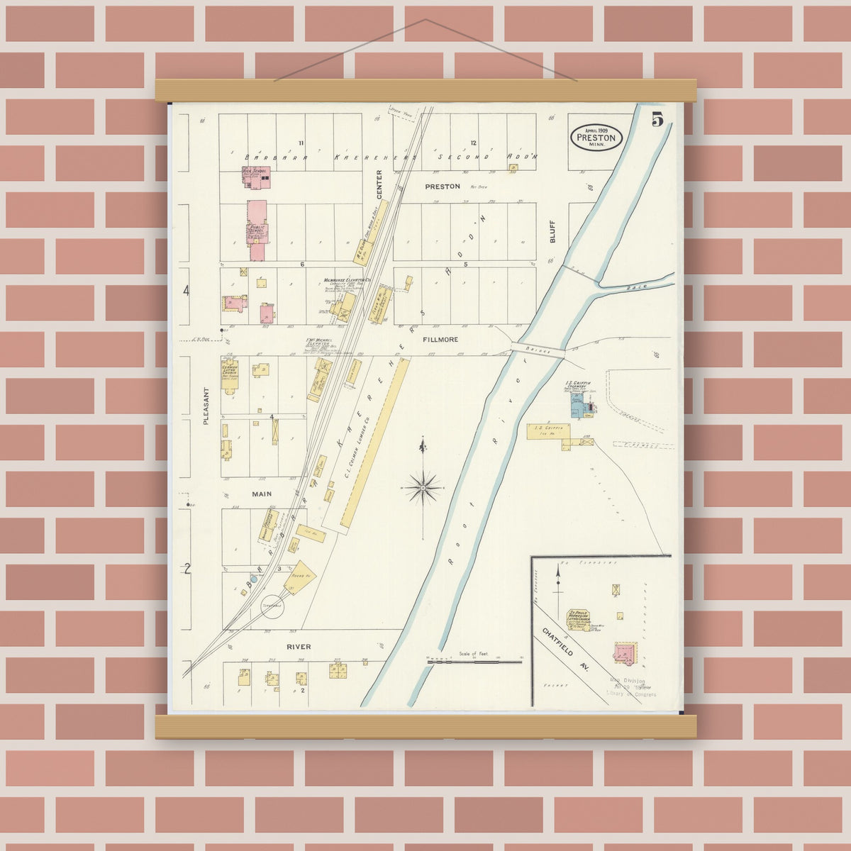 Old map wall art mockup — magnetic wood frame on brick wall — Sanborn Fire Insurance Map from Preston, Fillmore County, Minnesota (1909), Sheet #0005